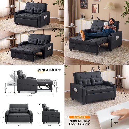 Black Faux Leather Convertible Loveseat Sleeper Sofa Bed with USB Ports and Cup Holders