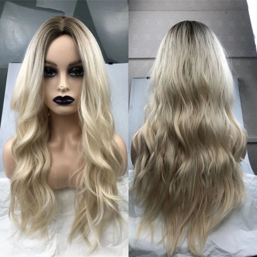 Perruque à lacets frontaux HD, densité naturelle, 13x4 raie libre, ombré blond cendré crème avec racines, fibre synthétique résistante à la chaleur, 26 pouces