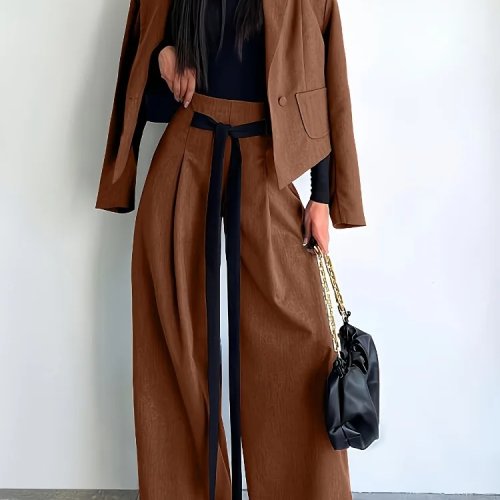 Retro Chic One-Button Short Coat & High Waist Wide Leg Pants Set - Vintage Style Cotton Blend Women's Suit
