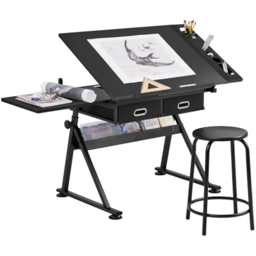 Adjustable Height Drafting Desk with Tilt-Top Surface 0-60°, Wood Top, Metal Frame, Retractable Side Shelf & Pencil Ledge