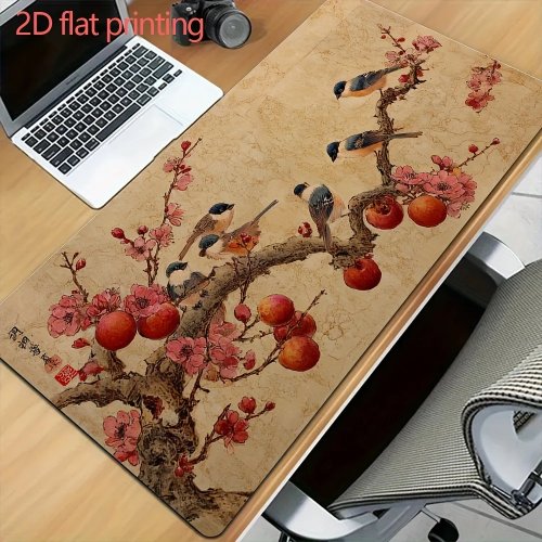 Gaming Mouse Pad XXL Large Desk Mat with Chinese Flower Bird Design, Non-slip Rubber, for PC Gamer