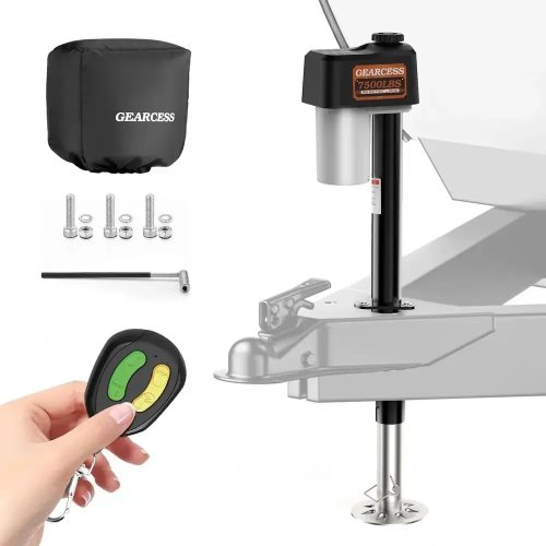 Kit de Macaco Elétrico para Reboque 7500LBS com 2 Comandos e Capa Impermeável, Macaco Elétrico de Lança para RV com Nível de Bolha Integrado
