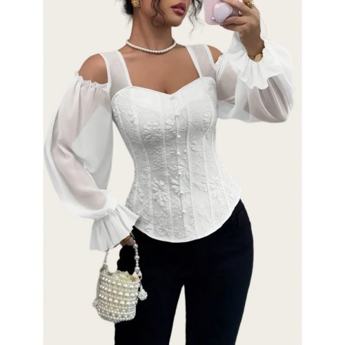 Elegante damesblouse met off-shoulder, bloemenjacquard – vierkante hals, lange mouwen, slim fit, asymmetrisch design