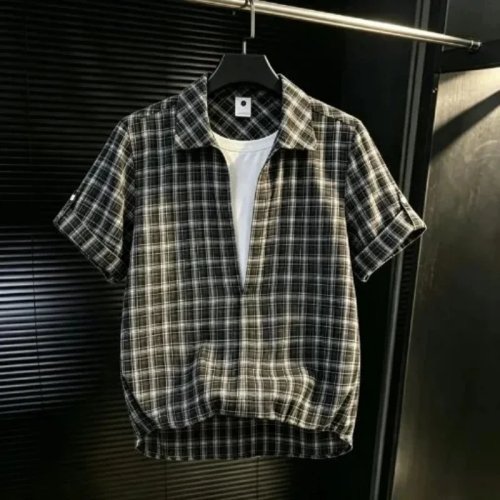Men's Short Sleeve Plaid Shirt Casual Button-Down Cotton Shirt Summer Lightweight Loose Fit