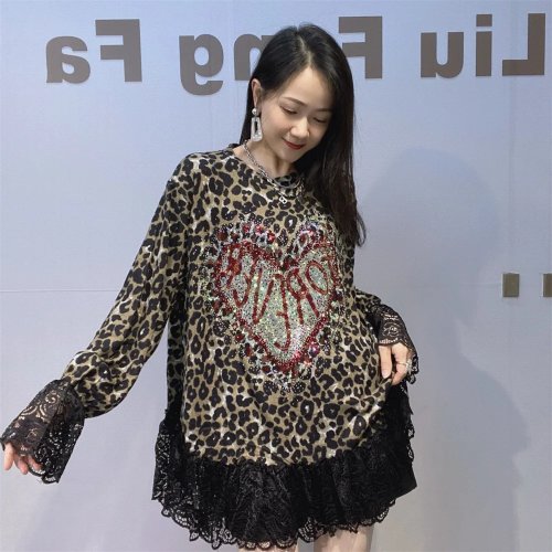 Women Oversized Leopard Print Mesh Patchwork Long Sleeve T-Shirt 2026 Spring