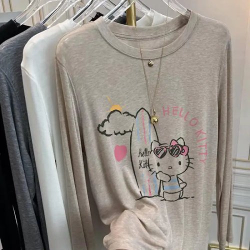 Playera de Manga Larga Hello Kitty 2026 Primavera Verano Nuevo Cuello Redondo Básica