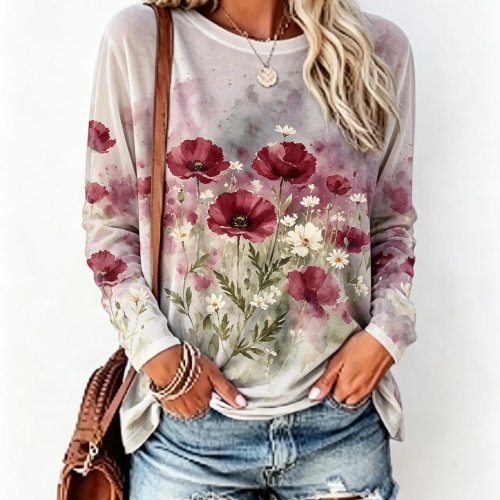 Dames Langmouw T-shirt Aquarel Iris Bloemen Floral Print Ronde Hals Casual Top