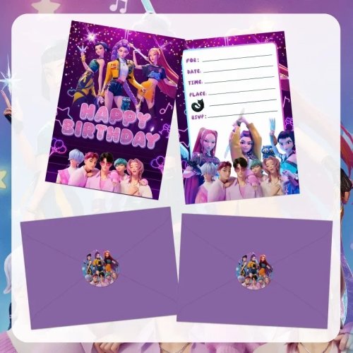Cartão de convite fofo com tema de anime cartoon, roxo de página única para aniversário, Natal, festa