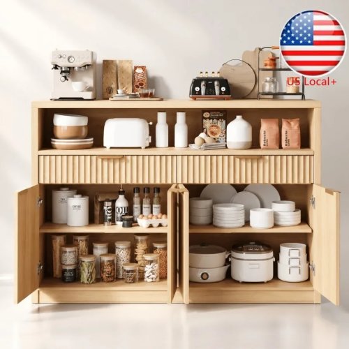 51 Aparador Buffet para Comedor, Madera Maciza Acabado Natural, Vitrina Moderna con Puertas Correderas