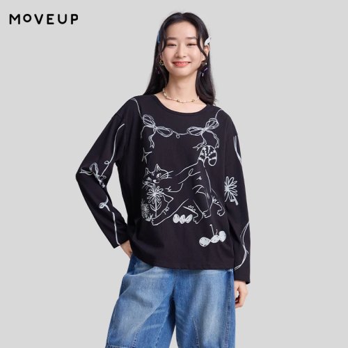 MOVEUP Camiseta de manga larga mujer primavera 2026 estampado divertido escote redondo algodón casual streetwear 3ELC10546