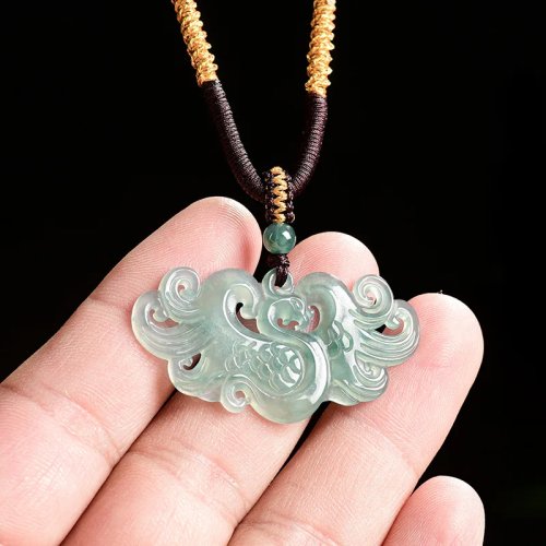 Collar con colgante de fénix de jadeíta de Myanmar – Amuleto tallado de lujo, talismán, gema natural de jade birmano, regalo para mujer