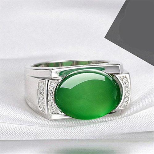 Grüner Jade Ring – Natürlicher Chalcedon Edelstein, Glücksbringer Schmuck für Damen & Herren, Zirkon Kristall Amulett Geschenk
