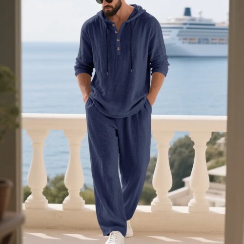 Men's Linen Casual Hooded Henley Shirt and Pants Set, Long Sleeve, Loose Fit