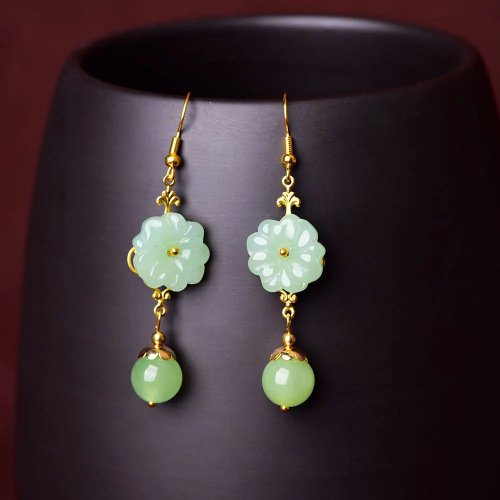 Orecchini Fiore in Giada Verde Naturale, Gioielli Vintage Placcati in Oro 18K Talismano per Donna