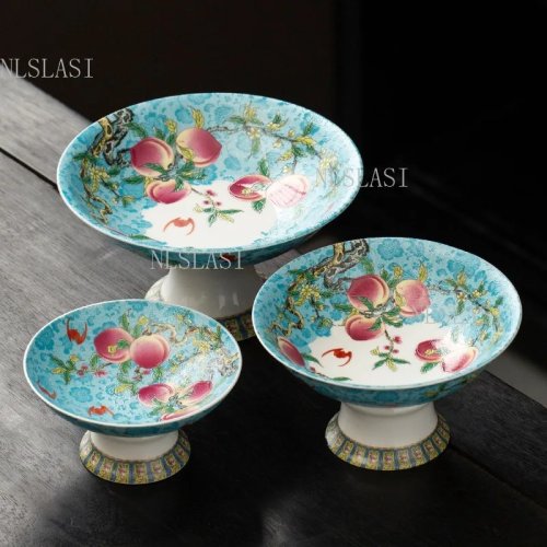Turquoise Famille Rose Peach Pattern High-Foot Porcelain Fruit Bowl, Decorative Glazed Serving Tray & Dessert Plate