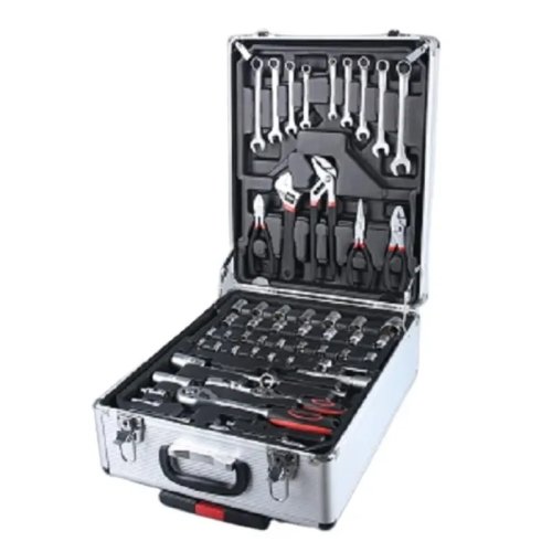 Set de 186 herramientas manuales, kit de reparación negro con caja con ruedas blanca desmontable