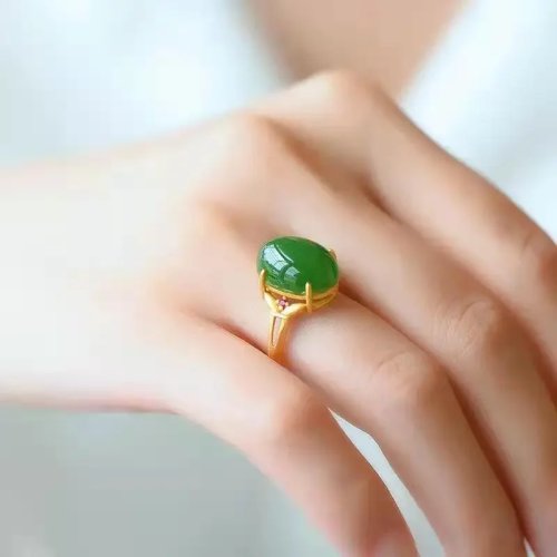 Anillo ajustable de jade verde natural - Plata .925, tallado chino, amuleto, joyería, regalo para mujer