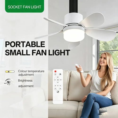 พัดลมเพดานพร้อมไฟ LED และรีโมท ขนาดเล็ก เกลียว E26/E27/B22 สำหรับห้องครัว ห้องนอน ห้องเล็ก
