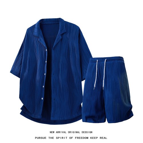 Men's Summer Ice Silk Jacquard Wave Pattern Shirt & Shorts Set - Casual 2-Piece Outfit