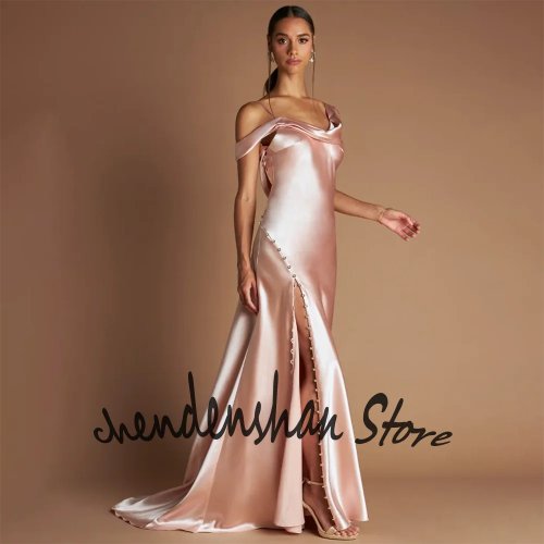 Women's Pink Satin Asymmetrical Maxi Dress with High Slit Sleeveless Cowl Neck Evening Gown for Prom & Party