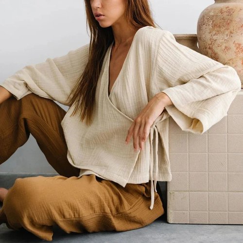 Blouse femme manches longues col V en 100% coton mousseline gaze, haut cache-cœur décontracté élégant, chemise bandage