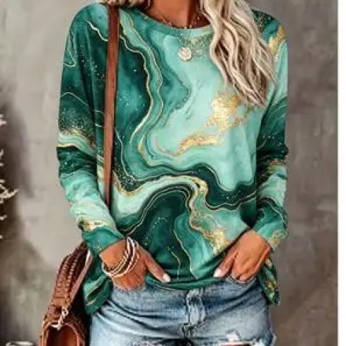 Damen Langarm T-Shirt Marmor Wirbel Druck Goldfolie Rundhals Locker Lässig Alltag Bluse Oberteil