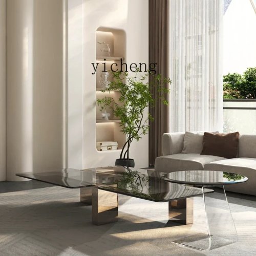 TQH-i7.7 Minimalistischer Couchtisch mit Steinplatte, Sonderform Glas Couchtisch für Wohnzimmer, Moderner Couchtisch