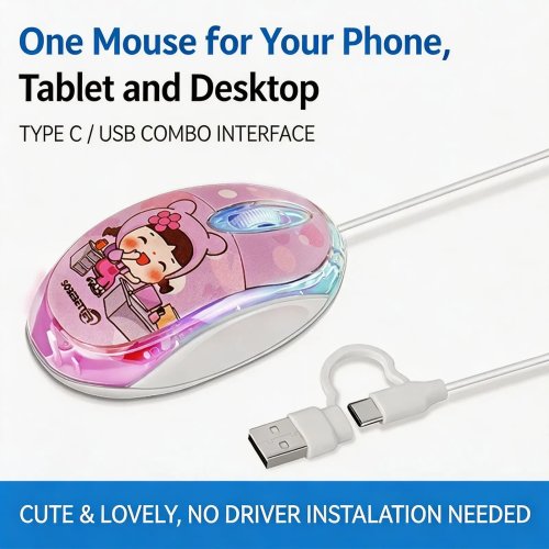 Cute Mini Cartoon Wired Mouse USB Type-C Dual Interface 1000DPI with 7-Color Breathing LED and Silent Buttons, Plug and Play