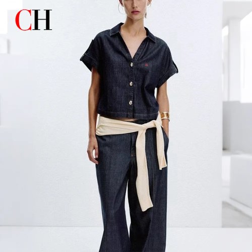 Ensemble en Jean Femme Bleu Foncé - Chemise en Jean Boutonnée Ample et Pantalon Large Taille Haute