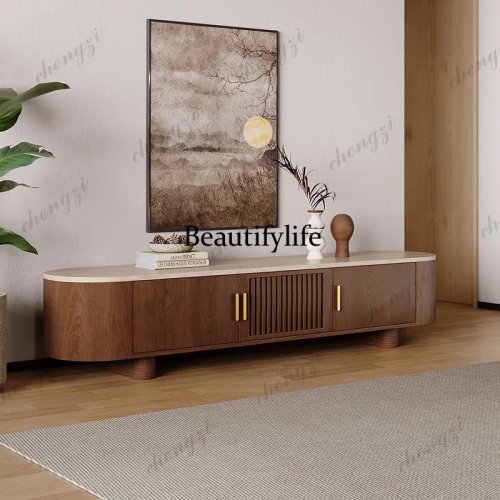 Meuble TV sur pied en travertin naturel et bois massif, minimaliste moderne pour salon, rangement mural