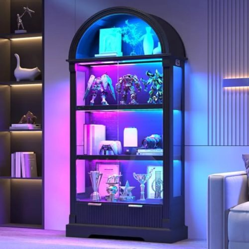 Tủ kính trưng bày cho phòng khách, kết cấu kính cường lực, màu đen, đèn LED RGB kèm điều khiển từ xa