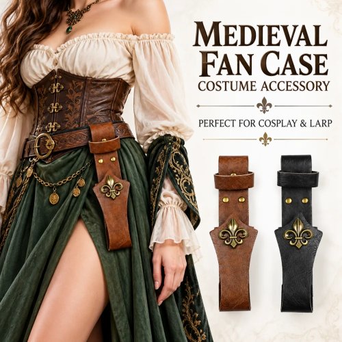 Halloween middeleeuwse fleur-de-lis waaieretui van PU-leer, taillewaaierhouder voor cosplay LARP kostuumaccessoire