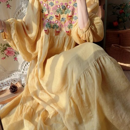 Vestido para mujer bohemio con bordados, holgado, de 100% ramio, para vacaciones de primavera-verano, largo midi