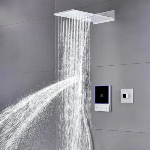 Conjunto de duche inteligente branco com chuveiro de chuva e cascata, visor LED de temperatura digital para casa de banho