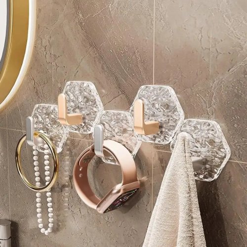 Ganci da parete adesivi (5 pezzi), texture ghiacciaio, adesione forte, senza fori, impermeabili per appendere gli asciugamani nella vasca/doccia