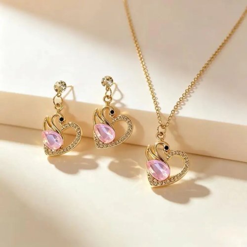 Swan Necklace and Earrings Set with Sparkling Crystal Rhinestones for Women - Daily Wear, Date, Party