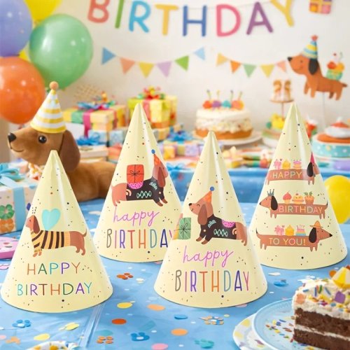 12개 생일 파티 모자, 귀여운 카툰 닥스훈트 디자인, 생일 파티 장식