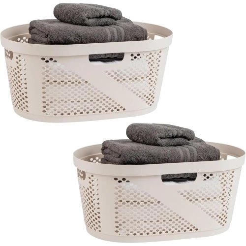 40L Ventilated Laundry Baskets, Lightweight Clothes Hamper with Cutout Handles for Bathrooms and Closets, Plastic, Set of 2, Ivory