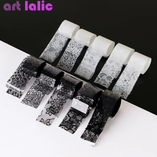 10 Rolls 2.5*60cm Black & White Lace Transfer Foil Nail Art Wraps with Glue for DIY Manicure