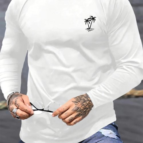 100% Pure Cotton Men's Long Sleeve Round Neck Loose Minimalist Coconut Tree Print Spring Autumn Casual Versatile T-Shirt