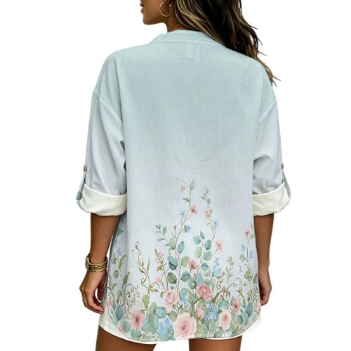PENSTROLL Women's Loose Linen Style Long Sleeve Blouse - Cozy Floral Shirt for Beach Vacation, Light Pink