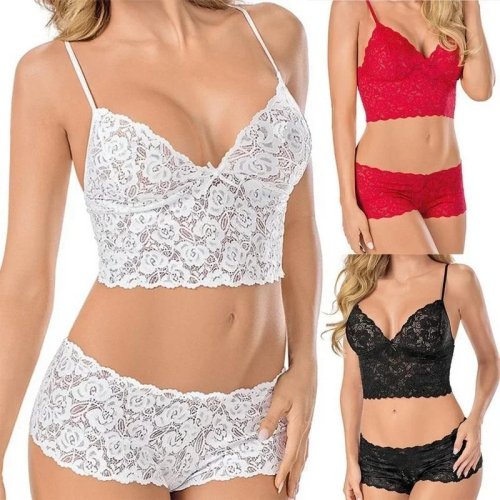Women's Lace Lingerie Set Sexy Sheer Babydoll Strappy Bra and Panty Nightwear Intimate Apparel