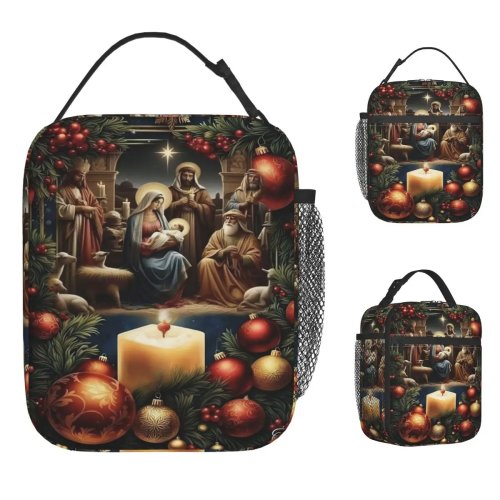 Borsa pranzo natalizia con scena della Natività - Termica, impermeabile, stile tote per picnic