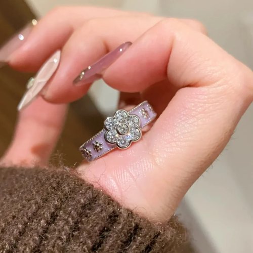 Anello Donna Stile Retrò Francese Design Floreale, Smalto Lilla Chiaro, Colore Argento con Zircone