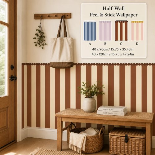 Wallpaper Border Bergaris Tempel Langsung, Mural Dinding Setengah Bagian Perekat Sendiri, 40 x 90/120 cm, Dekorasi Dinding Rumah