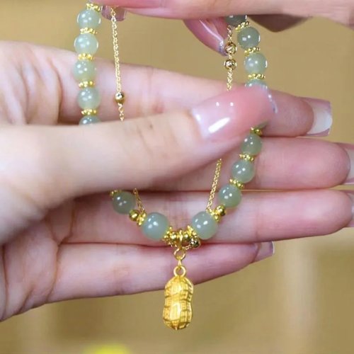 สร้อยข้อมือหยกแท้ธรรมชาติพร้อมจี้รูปถั่วลิสง, กำไลดีไซเนอร์, เครื่องรางแฟชั่น, อัญมณีหรูหรา, เครื่องประดับนำโชค, ของขวัญสำหรับผู้หญิง