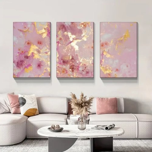 3-Panel Canvas Wall Art – Pink & Gold Marble Texture Prints, Framed Wall Decor for Girls Room, Ready to Hang