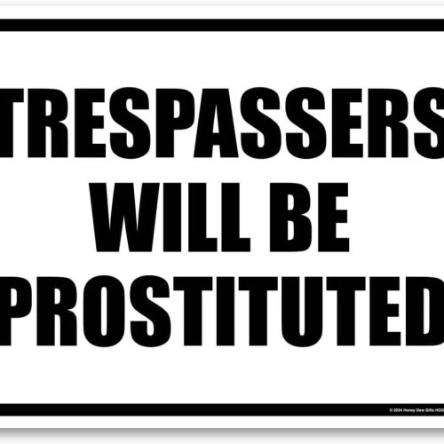 Cartello in metallo «Trespassers Will Be Prostituted» – Cartello di avvertimento divertente per proprietà, cancello e sicurezza domestica
