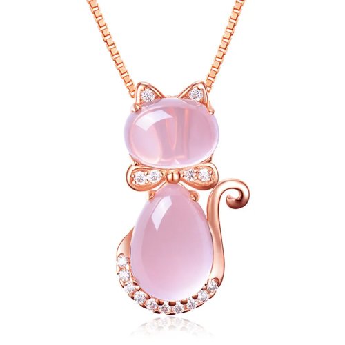 Kalung Liontin Kucing Giok Alami Pink Berlapis Rose Gold, Perhiasan Wanita, Hadiah Aksesori Fashion Designer
