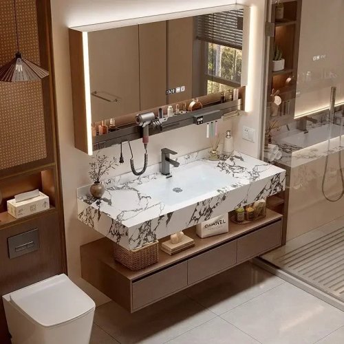 Ensemble meuble de salle de bain en noyer avec vasque intégrée sans joint en pierre